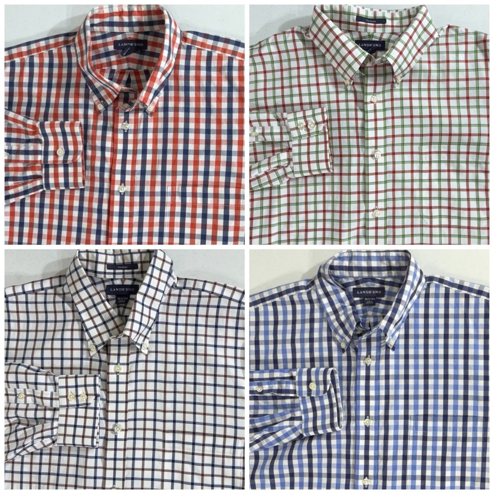 Lands End Button Down Shirt 16.5 33 Lof of 4 Plaid Cotton Business Office Preppy